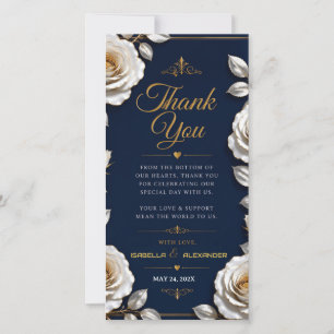 Tarjeta De Agradecimiento Elegant White and Gold Rose on Navy Blue 