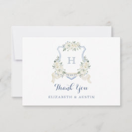 Tarjeta De Agradecimiento Elegant White Floral Dusty Blue Wedding Crest