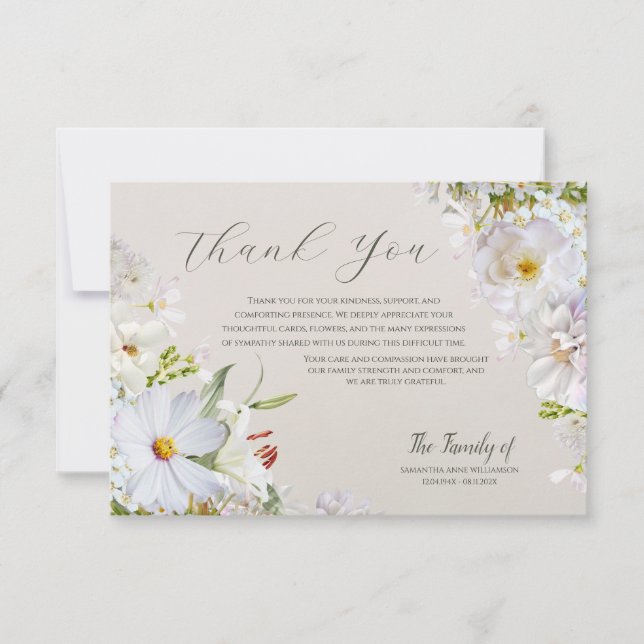 Tarjeta De Agradecimiento Elegant White Floral Funeral Thank You Card (Anverso)
