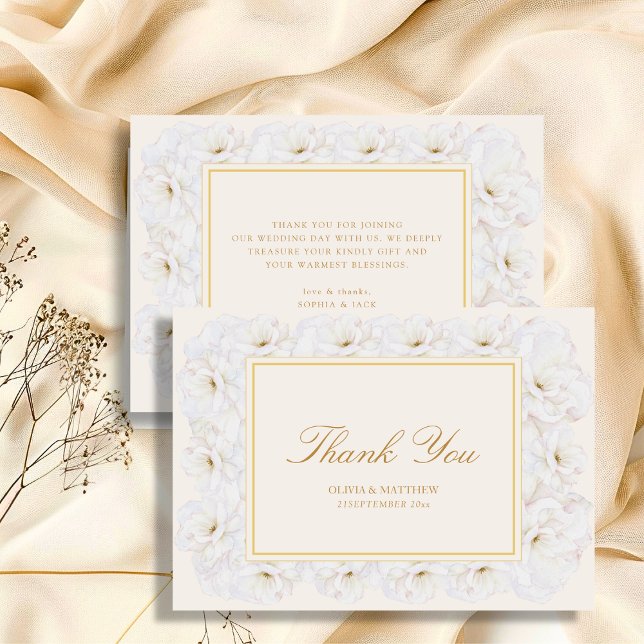 Tarjeta De Agradecimiento Elegant White Floral Ivory Gold Border Wedding (Subido por el creador)