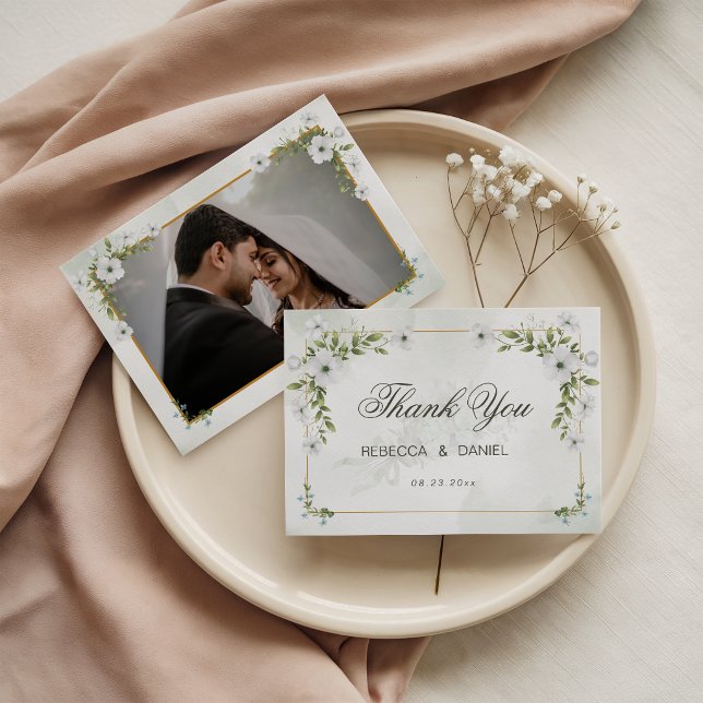 Tarjeta De Agradecimiento Elegant White Floral Wedding Photo Thank You Card (Subido por el creador)