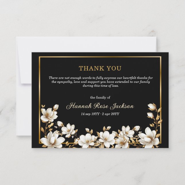 Tarjeta De Agradecimiento Elegant White Magnolia Gold Black Sympathy Funeral (Anverso)