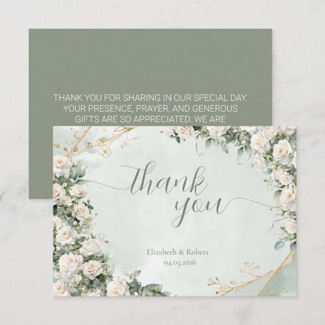 Tarjeta De Agradecimiento Elegant White Roses Wedding (Anverso / Reverso)