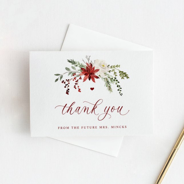 Tarjeta De Agradecimiento Elegant Winter Greenery Wedding Bridal Shower (Winter bridal shower thank you cards with Christmas greenery and elegant script)