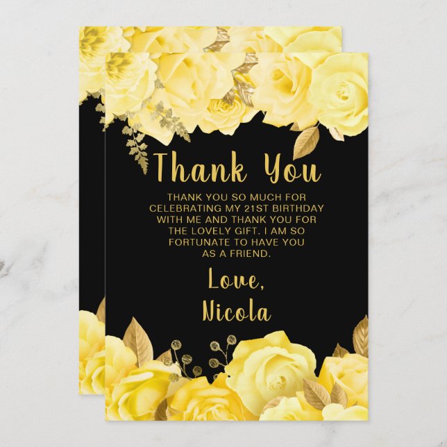 Tarjeta De Agradecimiento Elegant Yellow and Gold Flowers Birthday Party (Anverso / Reverso)