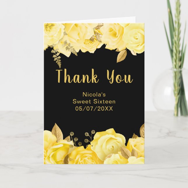 Tarjeta De Agradecimiento Elegant Yellow and Gold Flowers Sweet Sixteen (Anverso)
