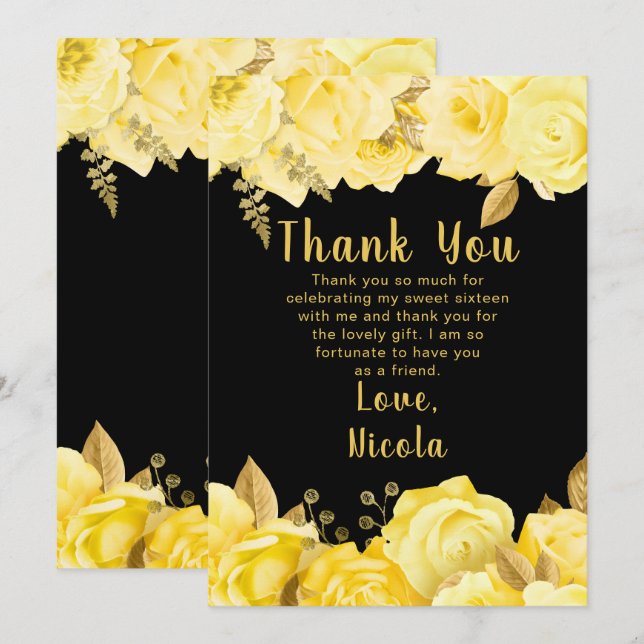 Tarjeta De Agradecimiento Elegant Yellow and Gold Flowers Sweet Sixteen (Anverso / Reverso)