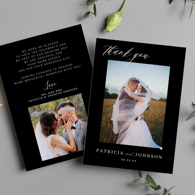 Tarjeta De Agradecimiento Elegante 2 foto elegante guión boda negro (Subido por el creador)