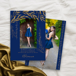 Tarjeta De Agradecimiento Elegante 2 Foto Real Azul y Hoja de Oro