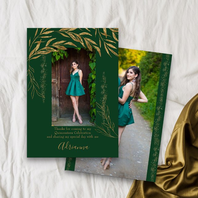 Tarjeta De Agradecimiento Elegante 2 foto verde esmeralda y hoja de oro (Emerald Green Quinceanera Photo Thank You card from my Gold Leaf Quinceanera Collection)