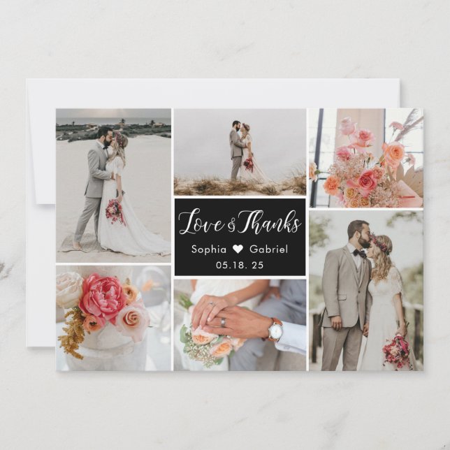 Tarjeta De Agradecimiento Elegante 6 Collage de fotos Boda blanco y negro (Anverso)