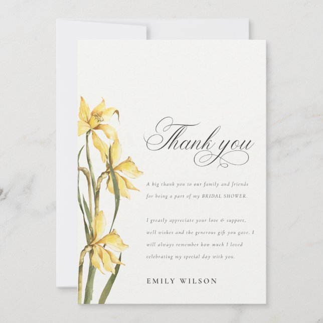 Tarjeta De Agradecimiento Elegante acuarela amarillo Daffodil Bridal Shower (Anverso)