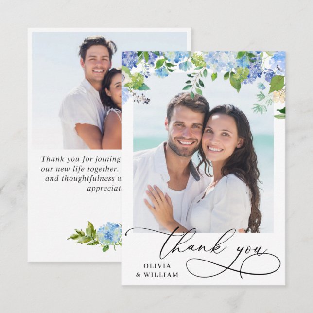 Tarjeta De Agradecimiento Elegante acuarela azul Hydrangea 2 Foto (Anverso / Reverso)