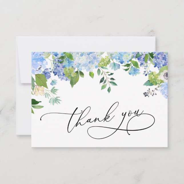 Tarjeta De Agradecimiento Elegante acuarela azul Hydrangea Floral (Anverso)