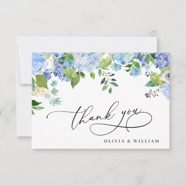 Tarjeta De Agradecimiento Elegante acuarela azul Hydrangea Floral (Anverso)