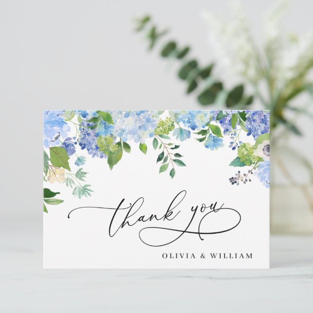 Tarjeta De Agradecimiento Elegante acuarela azul Hydrangea Floral (Anverso de pie)