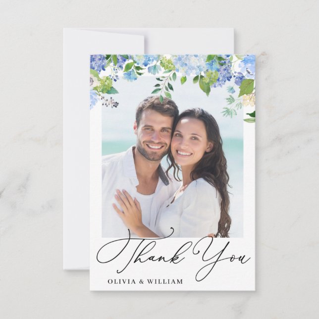 Tarjeta De Agradecimiento Elegante acuarela azul Hydrangea Photo (Anverso)