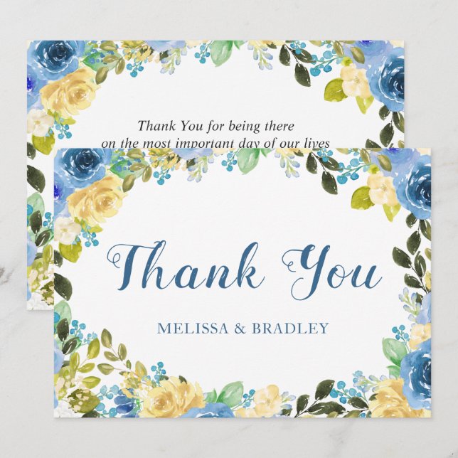 Tarjeta De Agradecimiento Elegante acuarela Blue Yellow Rose Garden Wedding (Anverso / Reverso)