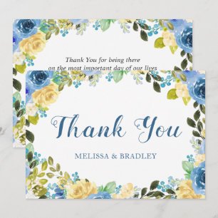 Tarjeta De Agradecimiento Elegante acuarela Blue Yellow Rose Garden Wedding