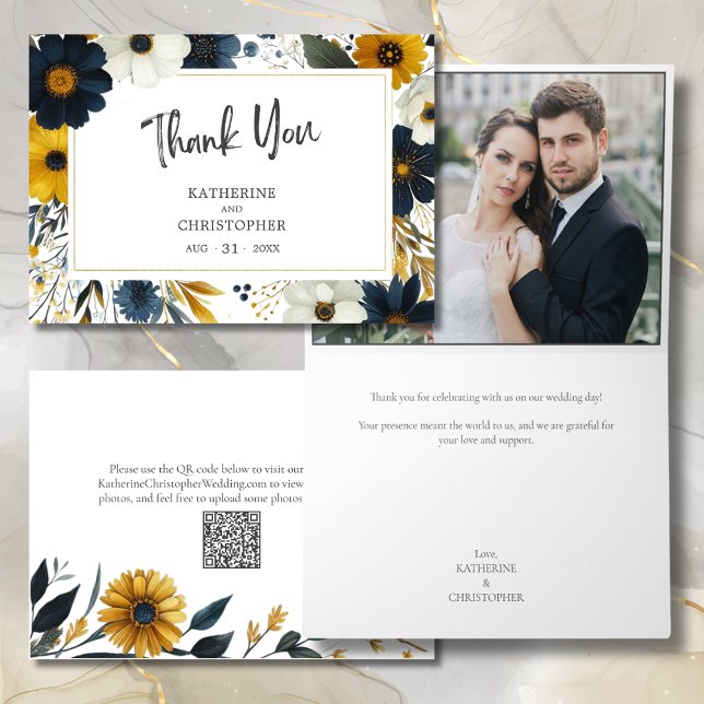 Tarjeta De Agradecimiento Elegante acuarela Boda de flores silvestres (Wildflowers Wedding Photo Thank You Card with Blue Yellow Flowers, QR Code for Wedding Website.)