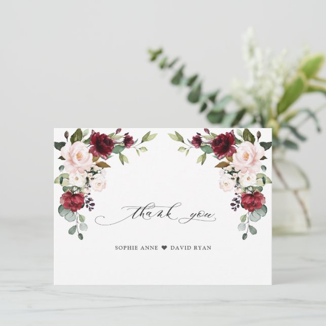 Tarjeta De Agradecimiento Elegante acuarela Borgoña Boda de flores rosadas (Anverso de pie)