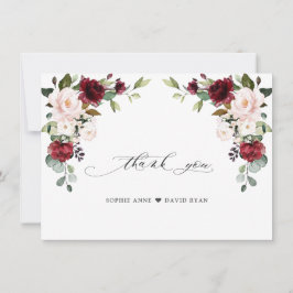 Tarjeta De Agradecimiento Elegante acuarela Borgoña Boda de flores rosadas