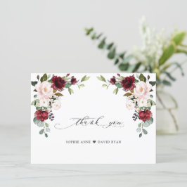 Tarjeta De Agradecimiento Elegante acuarela Borgoña Boda de flores rosadas