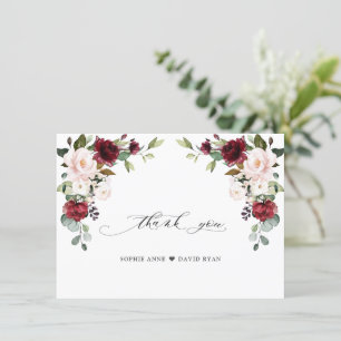 Tarjeta De Agradecimiento Elegante acuarela Borgoña Boda de flores rosadas