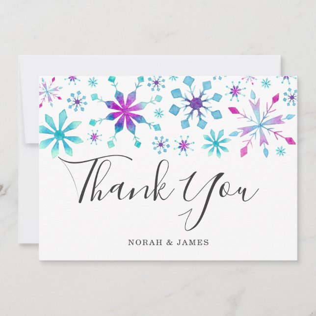 Tarjeta De Agradecimiento Elegante acuarela copos de nieve Boda de Invierno (Anverso)