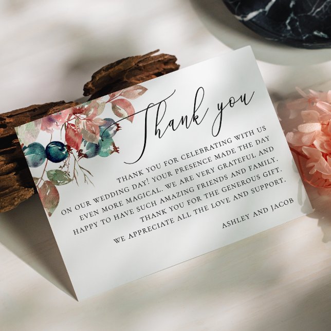 Tarjeta De Agradecimiento Elegante acuarela de bosque otoño boda floral (Subido por el creador)