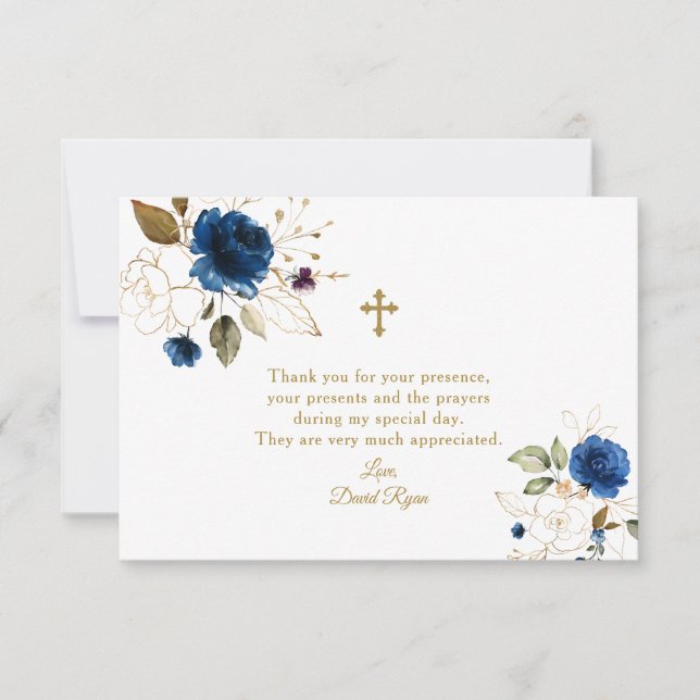 Tarjeta De Agradecimiento Elegante acuarela Floral Azul Baptismo de oro (Anverso)