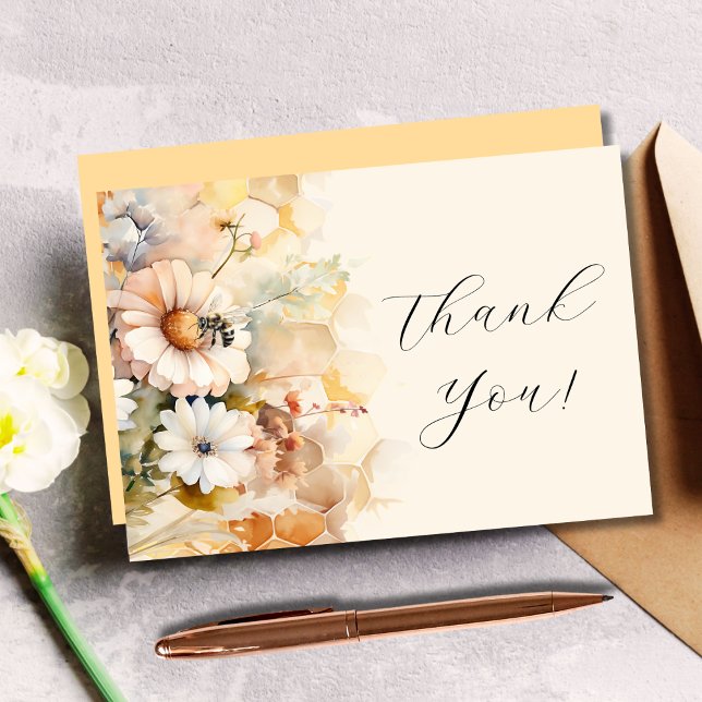 Tarjeta De Agradecimiento Elegante acuarela Floral Bee Flat Gracias Card (Subido por el creador)