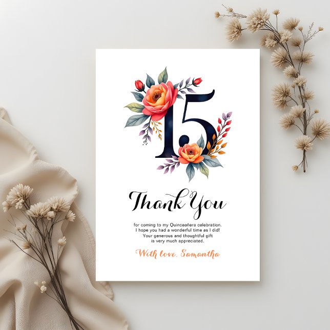 Tarjeta De Agradecimiento Elegante acuarela Floral Quinceanera Cumpleaños (Subido por el creador)