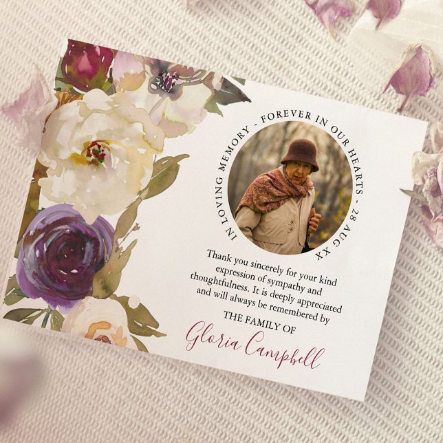 Tarjeta De Agradecimiento Elegante acuarela florece foto simpatía | Funeral (Subido por el creador)