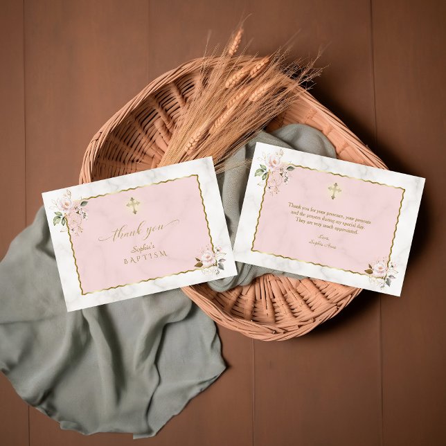 Tarjeta De Agradecimiento Elegante acuarela Flores de oro rosado Bautismo (Subido por el creador)