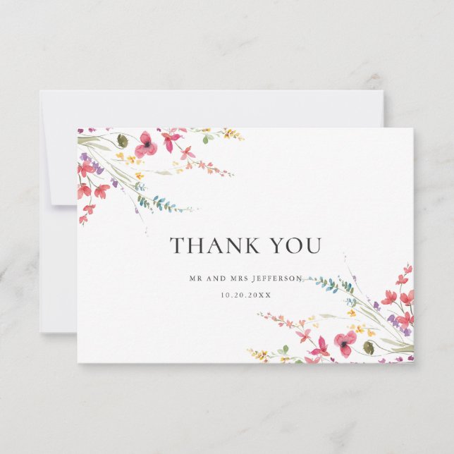 Tarjeta De Agradecimiento Elegante acuarela Flores salvajes Boda floral (Anverso)