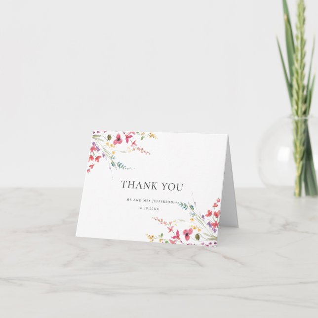 Tarjeta De Agradecimiento Elegante acuarela Flores salvajes Boda floral (Anverso)