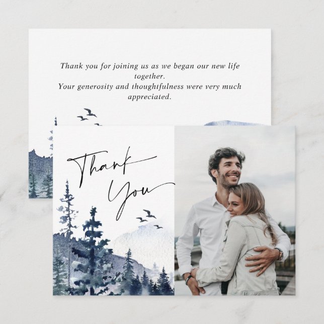 Tarjeta De Agradecimiento Elegante acuarela Foggy Bosque Boda foto (Anverso / Reverso)