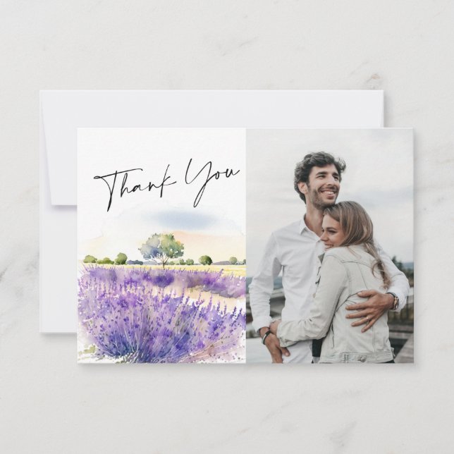 Tarjeta De Agradecimiento Elegante acuarela Lavanda Flores Foto de campo (Anverso)