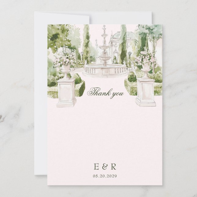 Tarjeta De Agradecimiento Elegante acuarela Manor Garden Wedding (Anverso)