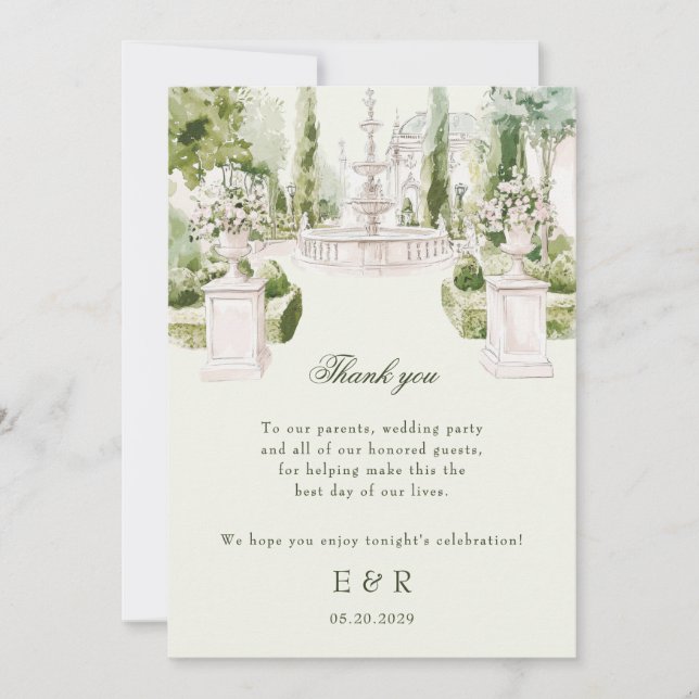 Tarjeta De Agradecimiento Elegante acuarela Manor Garden Wedding (Anverso)