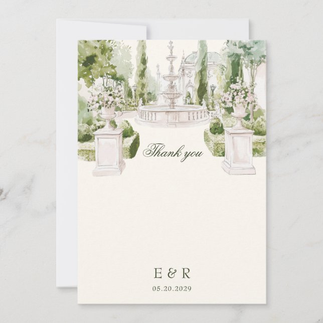 Tarjeta De Agradecimiento Elegante acuarela Manor Garden Wedding (Anverso)