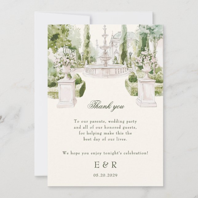 Tarjeta De Agradecimiento Elegante acuarela Manor Garden Wedding (Anverso)
