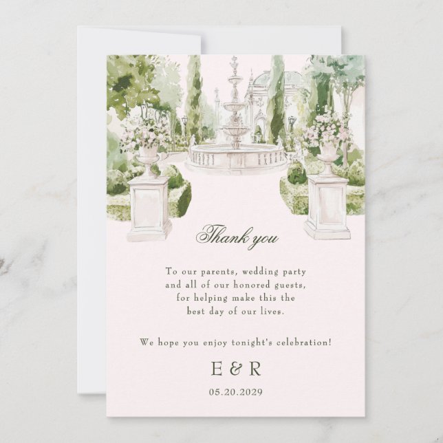 Tarjeta De Agradecimiento Elegante acuarela Manor Garden Wedding (Anverso)