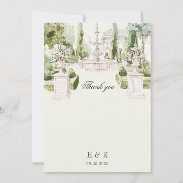 Tarjeta De Agradecimiento Elegante acuarela Manor Garden Wedding (Anverso)