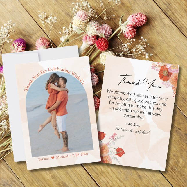 Tarjeta De Agradecimiento elegante acuarela naranja floral recién casados fo (Subido por el creador)