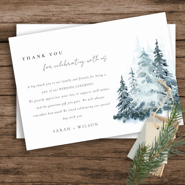 Tarjeta De Agradecimiento Elegante acuarela Nieve Boda de pino de invierno (Subido por el creador)
