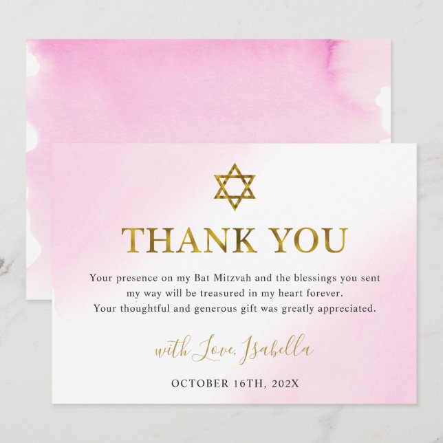 Tarjeta De Agradecimiento Elegante acuarela Pastel de oro rosa Mitzvah (Anverso / Reverso)
