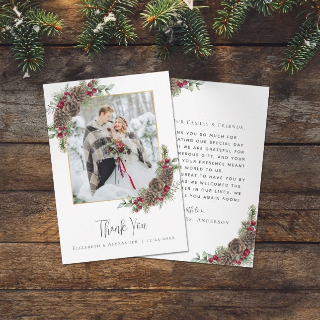 Tarjeta De Agradecimiento Elegante acuarela Pine Winter Wedding Photo (Subido por el creador)