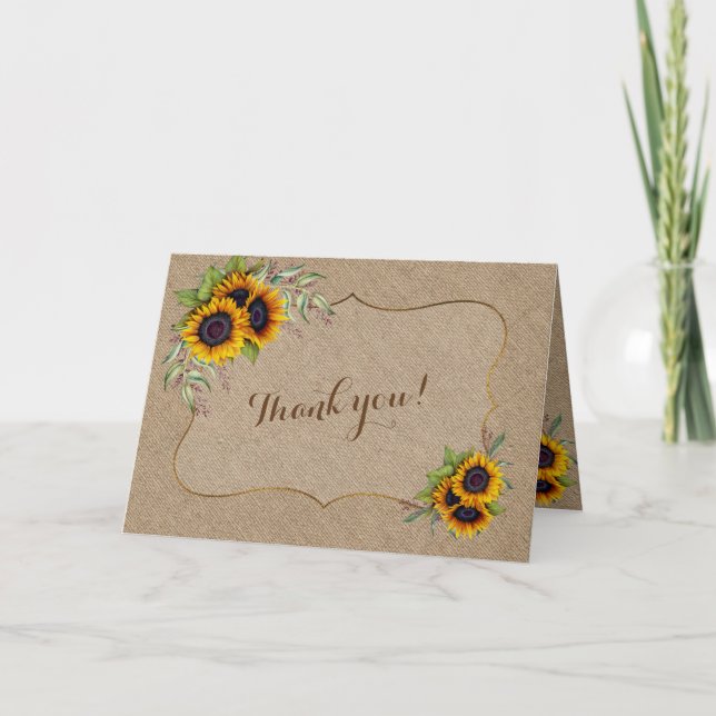 Tarjeta De Agradecimiento Elegante acuarela Sunflowers Burlap Boda (Anverso)
